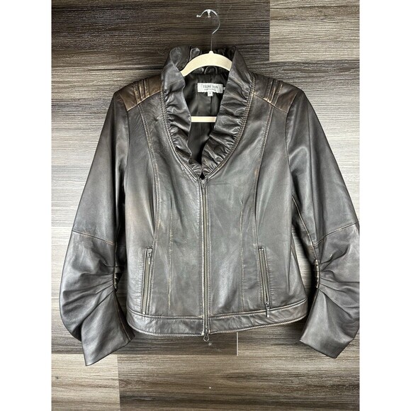TERI JON Sportswear Chocolate Brown Distressed Leather Stand Collar Jacket Sz 12 - Picture 1 of 8
